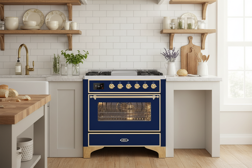 ILVE 36" Majestic II Liquid Propane Dual Fuel Range Midnight Blue Brass Trim UM09FDNS3MBGLP