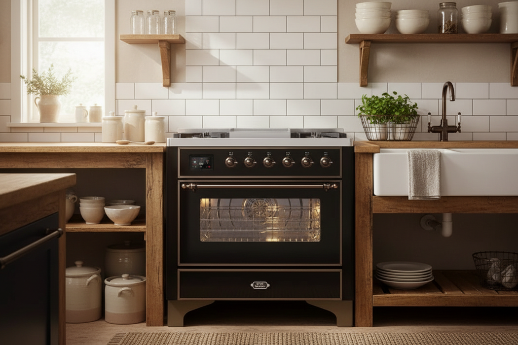 ILVE 36" Majestic II Liquid Propane Dual Fuel Range Glossy Black Bronze Trim UM09FDNS3BKBLP