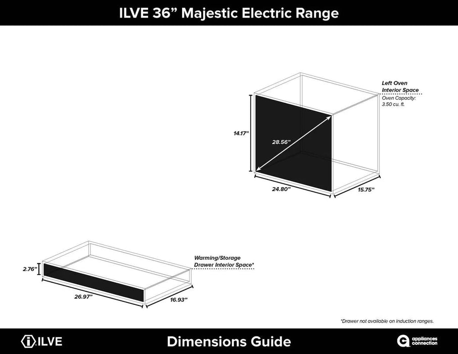 ILVE 36" Majestic II induction Range, 5 Elements, Oven, Brass Trim, Glossy Black UMI09NS3BKG - Farmhouse Kitchen and Bath