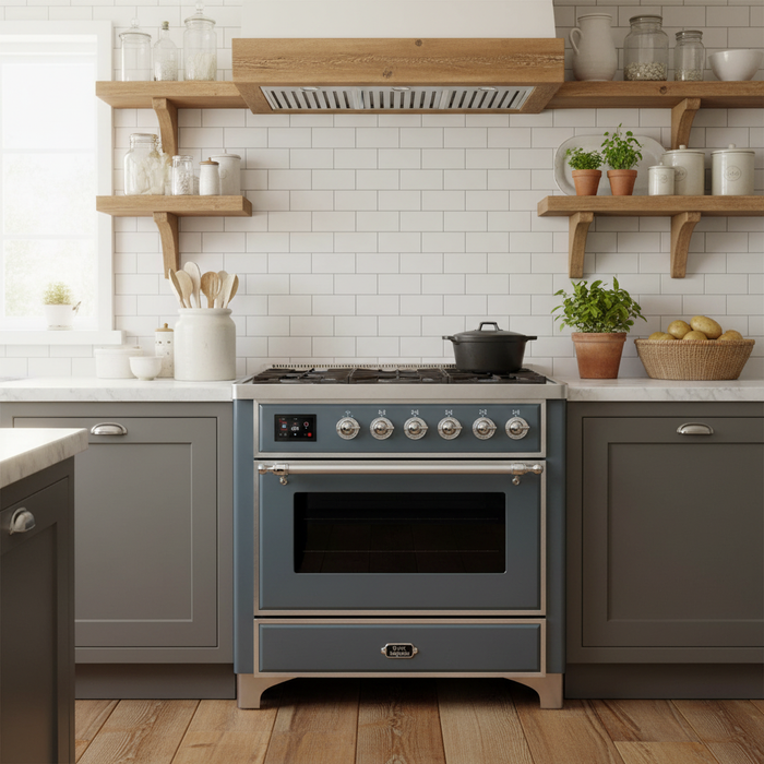 ILVE 36"Majestic II Series Electric Single Windowed Oven Range, Blue Grey, Chrome Trim UMI09NS3BGC