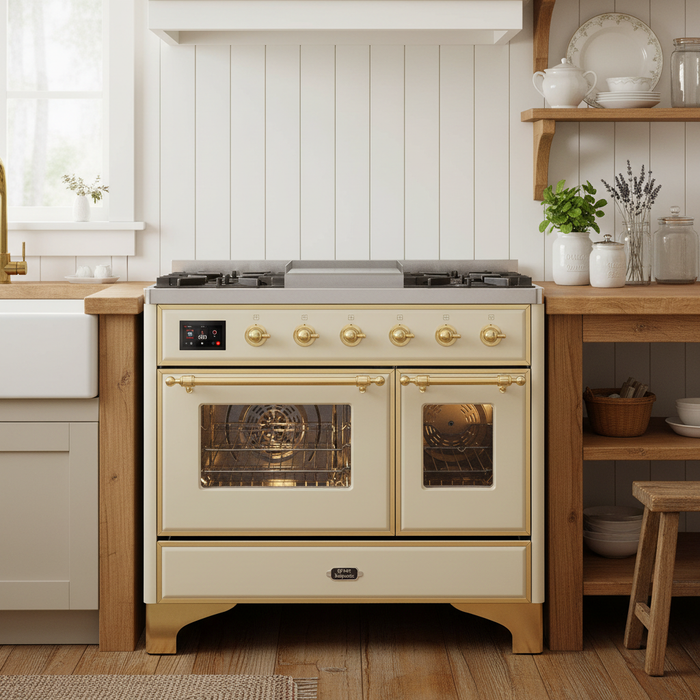 ILVE 40" Majestic II Liquid Propane Dual Fuel Range Antique White Brass Trim UMD10FDNS3AWGLP