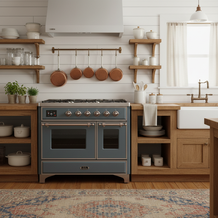 ILVE 40" Majestic II Series Dual Fuel Double Windowed Oven Range, Blue Grey, Bronze Trim UMD10FDNS3BGB