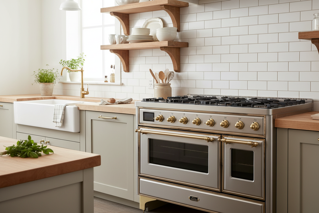 ILVE 48" Majestic II Dual Fuel Range, 8 Burners, Griddle , Oven - Brass Trim, Stainless Steel UM12FDNS3SSG