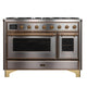 ILVE 48" Majestic II Dual Fuel Range, 8 Burners, Griddle , Oven - Brass Trim, Stainless Steel UM12FDNS3SSG