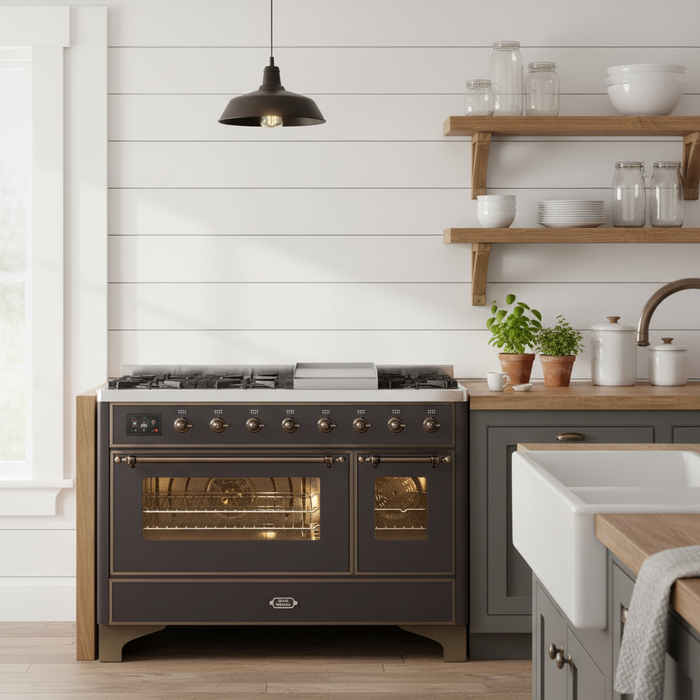 ILVE 48" Majestic II Dual Fuel Range, Matte Graphite, Bronze Trim UM12FDNS3MGBLP