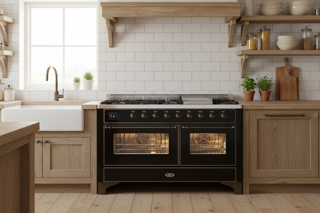 Ilve Majestic II 60 Inch Dual Fuel Liquid Propane Range in Glossy Black with Bronze Trim UM15FDNS3BKBLP