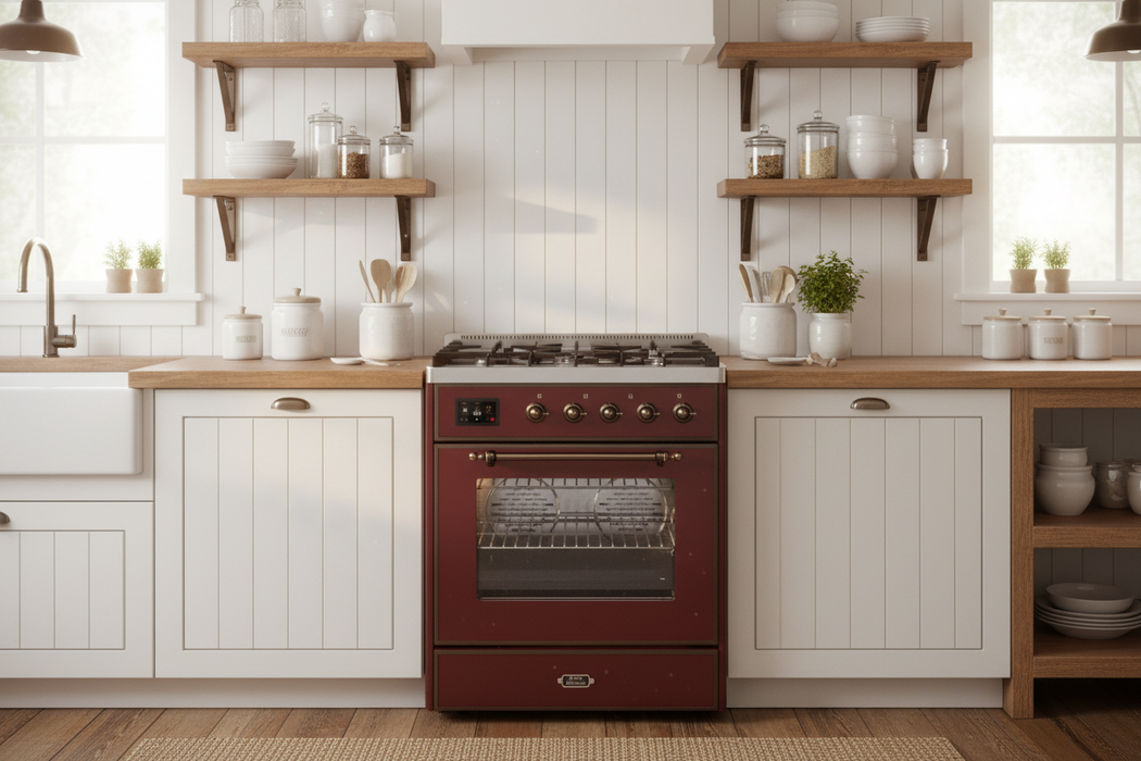 ILVE Majestic III 30" Dual Fuel Range, Burgundy, Burnished Trim UM30NR3BUB