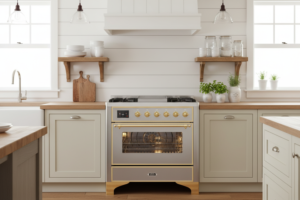 ILVE Majestic II 36" Liquid Propane Dual Fuel Range Stainless Steel Brass Trim UM09FDNS3SSGLP