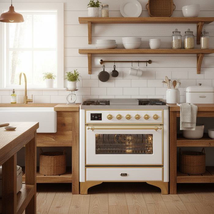 ILVE Majestic II 36" Liquid Propane Dual Fuel Range White Brass Trim UM09FDNS3WHGLP