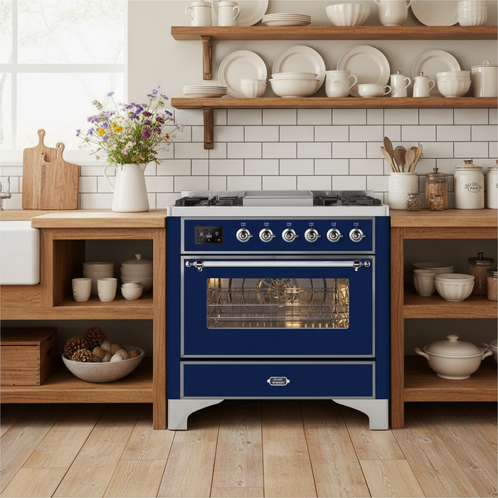ILVE Majestic II 36" Liquid Propane Dual Fuel Range Midnight Blue Chrome Trim UM09FDNS3MBCLP