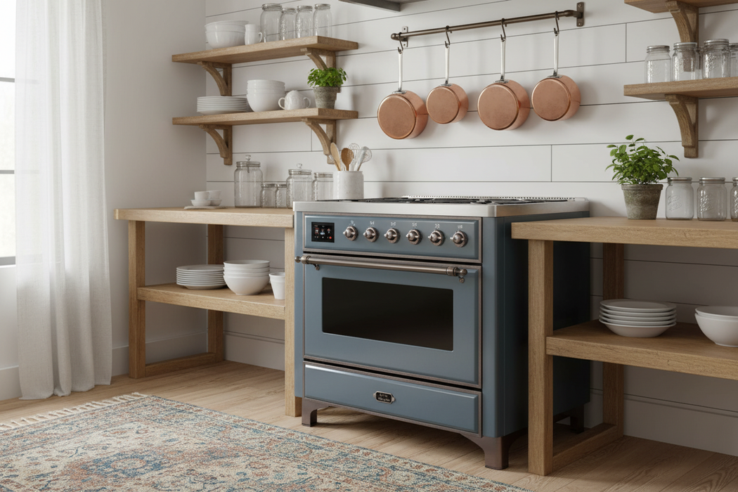 Ilve Majestic II 36 Inch Electric Freestanding Range in Blue Grey with Bronze Trim, UMI09NS3BGB