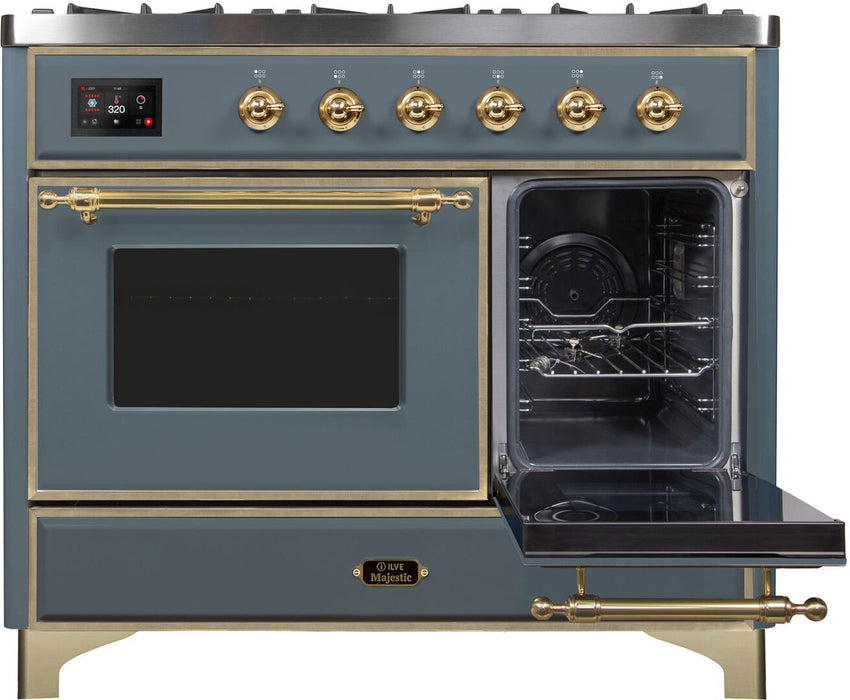 ILVE Majestic II 40" Dual Fuel, Natural Gas, Freestanding Range, Blue Grey, Brass Trim UMD10FDNS3BGG - Farmhouse Kitchen and Bath