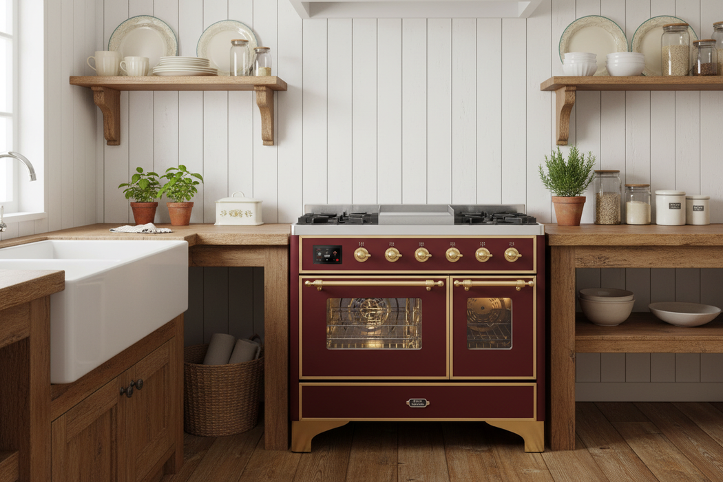 ILVE Majestic II 40" Liquid Propane Dual Fuel Range Burgundy Brass Trim UMD10FDNS3BUGLP