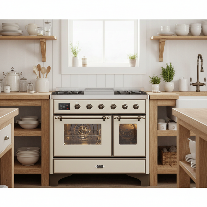 ILVE Majestic II 40" Liquid Propane Dual Fuel Range Antique White Bronze Trim UMD10FDNS3AWBLP