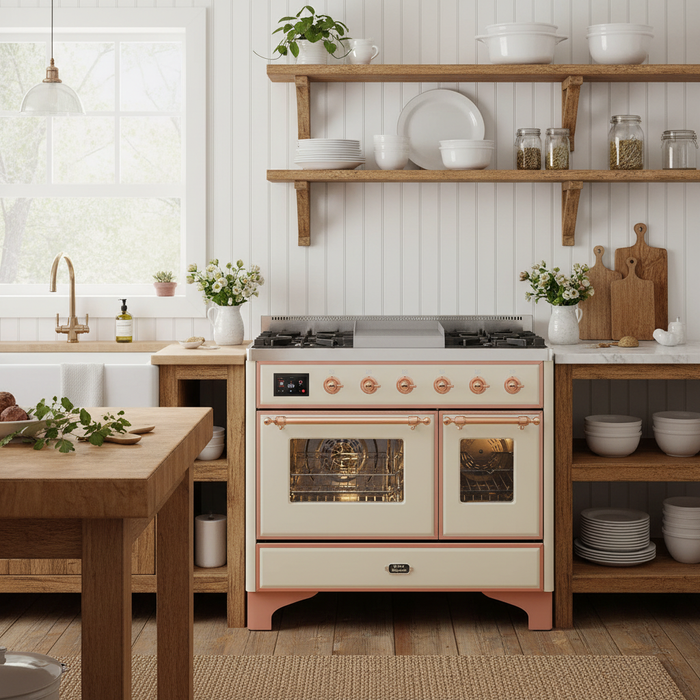 ILVE Majestic II 40" Liquid Propane Dual Fuel Range Antique White Copper Trim UMD10FDNS3AWPLP