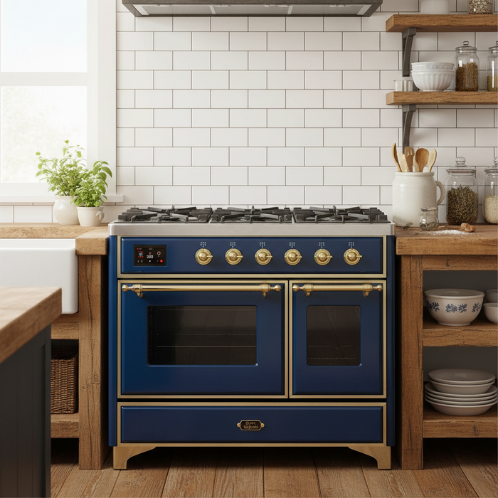 ILVE Majestic II 40" Liquid Propane Dual Fuel Range Midnight Blue Brass Trim UMD10FDNS3MBGLP