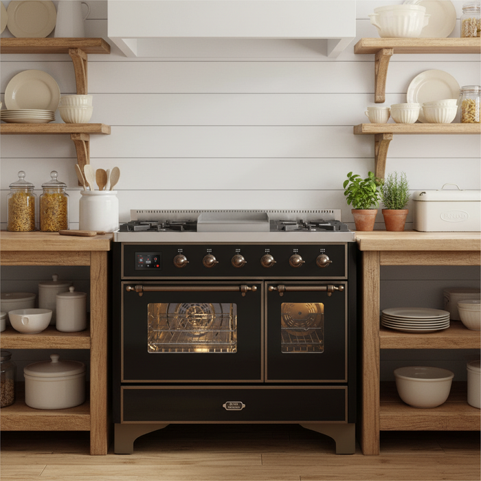 ILVE Majestic II 40" Dual Fuel Range Glossy Black Bronze Trim UMD10FDNS3BKBLP