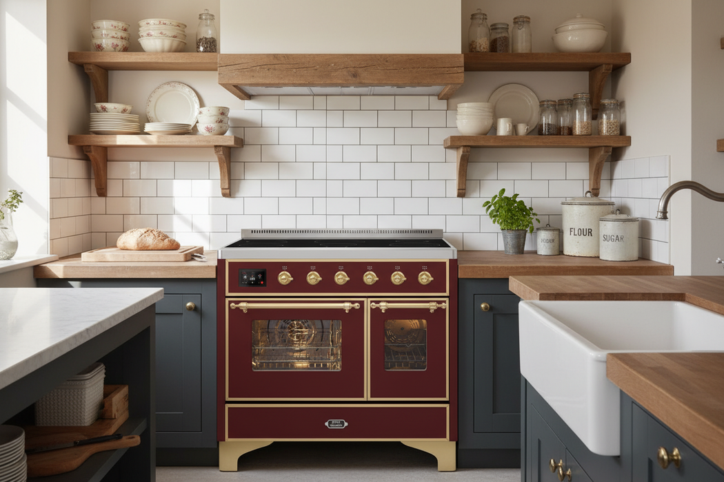 ILVE Majestic II 40" Induction Freestanding Range Burgundy Brass Trim UMDI10NS3BUG