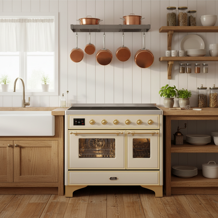 ILVE Majestic II 40" Induction Range Antique White Brass Trim UMDI10NS3AWG