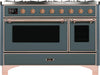 ILVE Majestic II 48" Dual Fuel Gas Range, Blue Grey, Copper Trim UM12FDNS3BGP - Farmhouse Kitchen and Bath