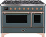 ILVE Majestic II 48" Dual Fuel Gas Range, Blue Grey, Copper Trim UM12FDNS3BGP - Farmhouse Kitchen and Bath