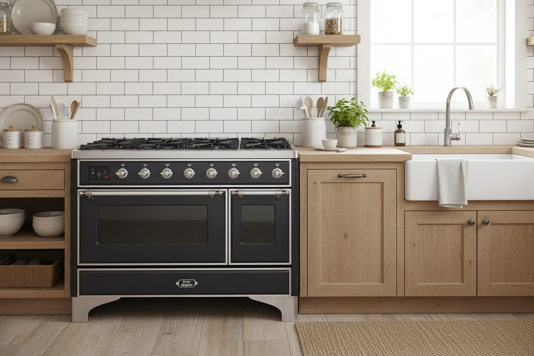 ILVE Majestic II 48" Dual Fuel Liquid Propane Freestanding Range, Matte Graphite, Chrome Trim UM12FDNS3MGCLP