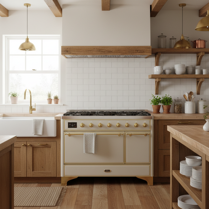 ILVE Majestic II 48" Dual Fuel, Natural Gas Freestanding Range, Antique White, Brass Trim UM12FDQNS3AWG