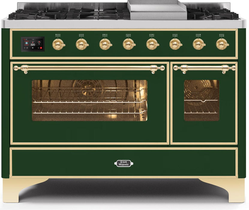 ILVE Majestic II 48" Dual Fuel Natural Gas Freestanding Range, Emerald Green, Brass Trim ‎UM12FDNS3EGG - Farmhouse Kitchen and Bath