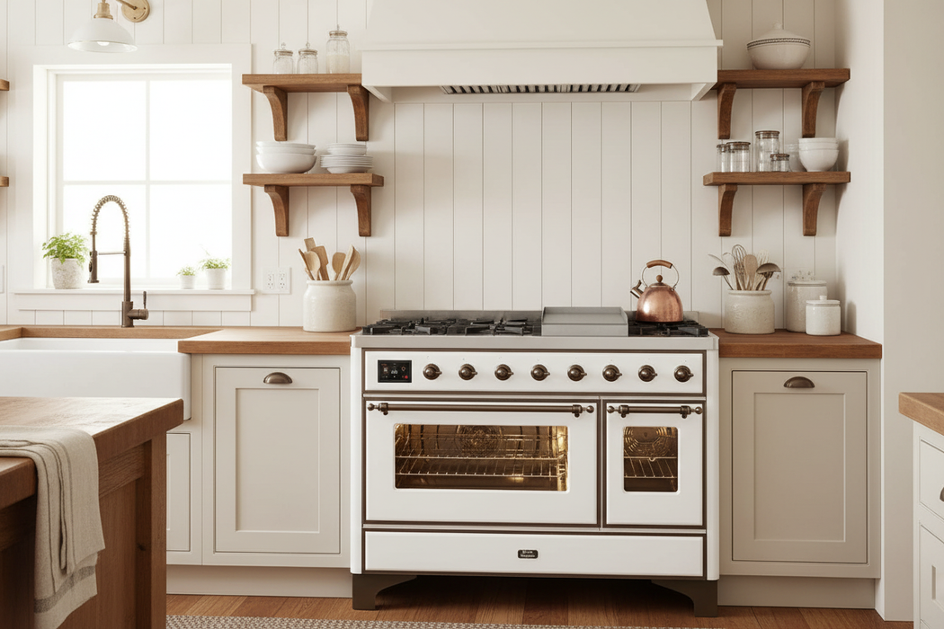 ILVE Majestic II 48" Dual Fuel Natural Gas Freestanding Range, White, Bronze Trim UM12FDNS3WHB