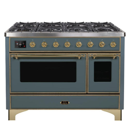 Ilve Majestic II 48 Inch Dual Fuel Natural Gas Freestanding Range in Blue Grey with Brass Trim, UM12FDNS3BGG - Farmhouse Kitchen and Bath