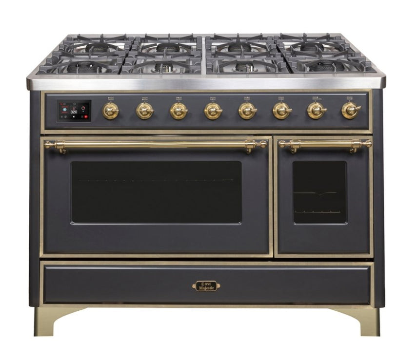 Ilve Majestic II 48 Inch Dual Fuel Natural Gas Freestanding Range in Matte Graphite with Brass Trim UM12FDNS3MGG - Farmhouse Kitchen and Bath