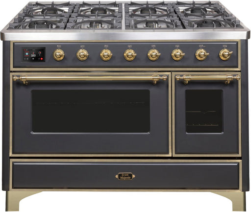 Ilve Majestic II 48 Inch Dual Fuel Natural Gas Freestanding Range in Matte Graphite with Brass Trim UM12FDNS3MGG - Farmhouse Kitchen and Bath