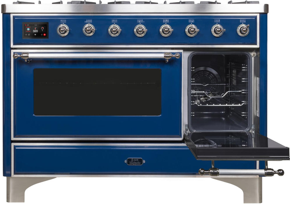 ILVE Majestic II 48"Dual Fuel Range Blue - Chrome Trim UM12FDNS3MBC - Farmhouse Kitchen and Bath