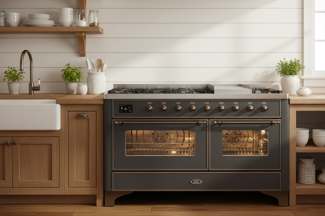 ILVE Majestic II 60" Dual Fuel Natural Gas Freestanding Range, Matte Graphite, Bronze Trim UM15FDNS3MGB