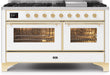 ILVE Majestic II 60" Dual Fuel Liquid Propane Freestanding Range, White, Brass Trim UM15FDNS3WHGLP - Farmhouse Kitchen and Bath