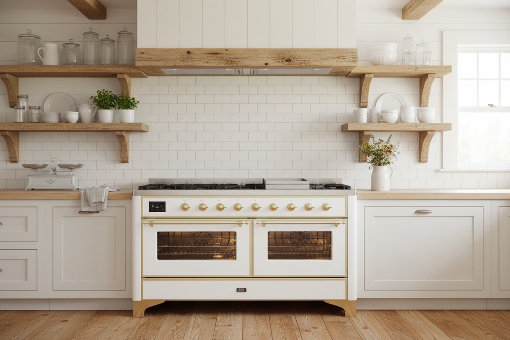 ILVE Majestic II 60" Dual Fuel Liquid Propane Freestanding Range, White, Brass Trim UM15FDNS3WHGLP