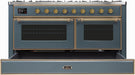 ILVE Majestic II 60" Dual Fuel Natural Gas Freestanding Range, Blue Grey, Brass Trim UM15FDNS3BGG - Farmhouse Kitchen and Bath