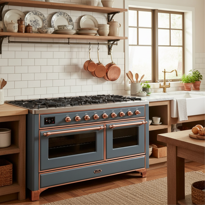 ILVE Majestic II 60 Inch Dual Fuel Natural Gas Freestanding Range, Blue Grey, Copper Trim, UM15FDNS3BGP