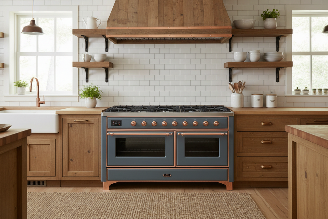 Ilve Majestic II 60 Inch Dual Fuel Liquid Propane Freestanding Range in Blue Grey with Copper Trim, UM15FDNS3BGPLP