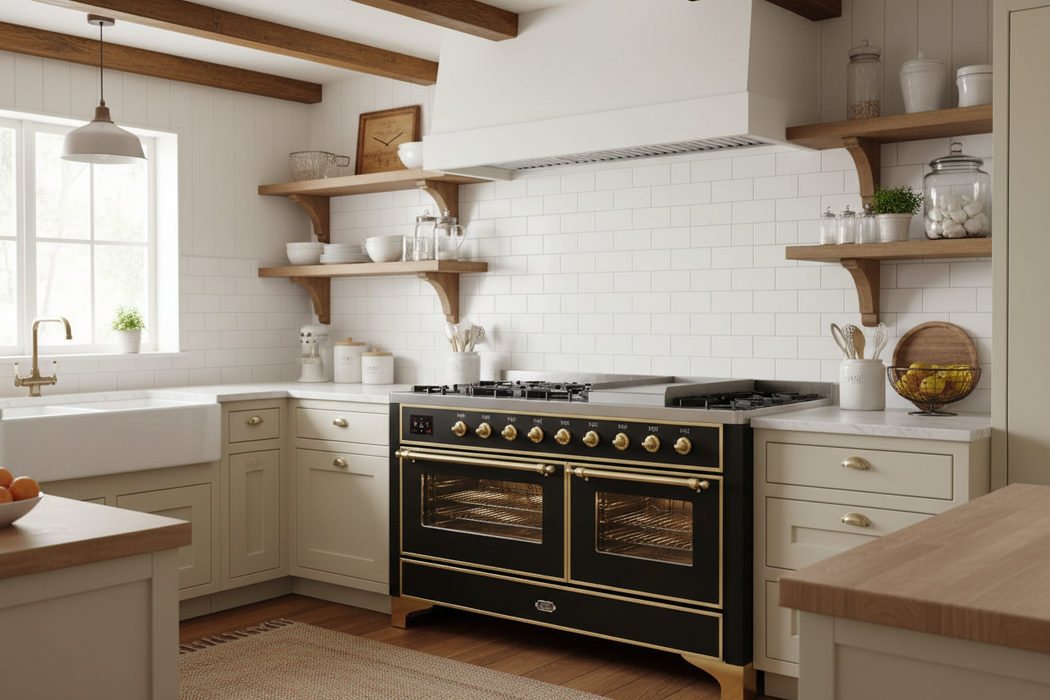 Ilve Majestic II 60 Inch Dual Fuel Natural Gas Freestanding Range in Glossy Black with Brass Trim UM15FDNS3BKG