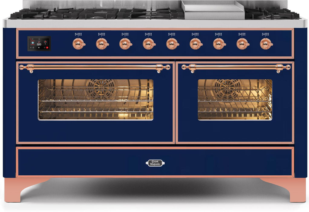 ILVE Majestic II 60"Dual Fuel Range in Blue w/ Copper Trim UM15FDNS3MBP - Farmhouse Kitchen and Bath