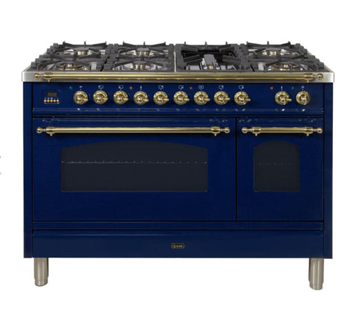 ILVE Nostalgie 48" Dual Fuel Liquid Propane Freestanding Range, Blue, Brass Trim UPN120FDMPBLLP - Farmhouse Kitchen and Bath