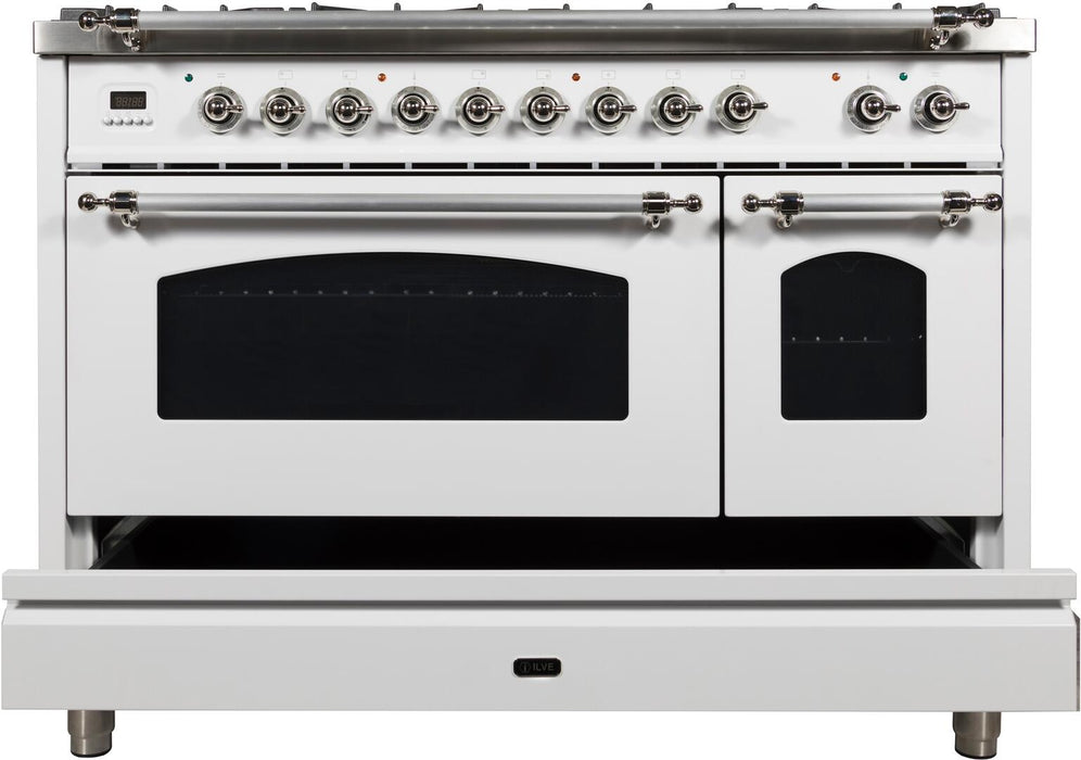 ILVE Nostalgie 48 Inch Dual Fuel Natural Gas Freestanding Range in White with Chrome Trim UPN120FDMPBX - Farmhouse Kitchen and Bath