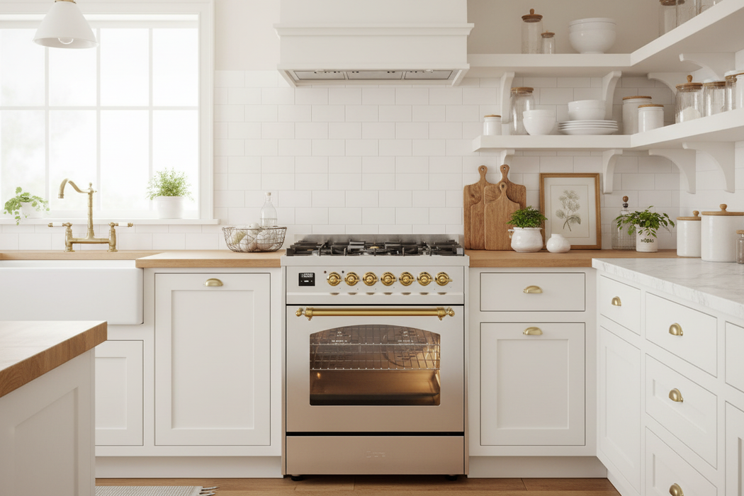 ILVE Nostalgie II 30" Dual Fuel Liquid Propane Range, Stainless Steel, Brass Trim UP30NMPSSGLP