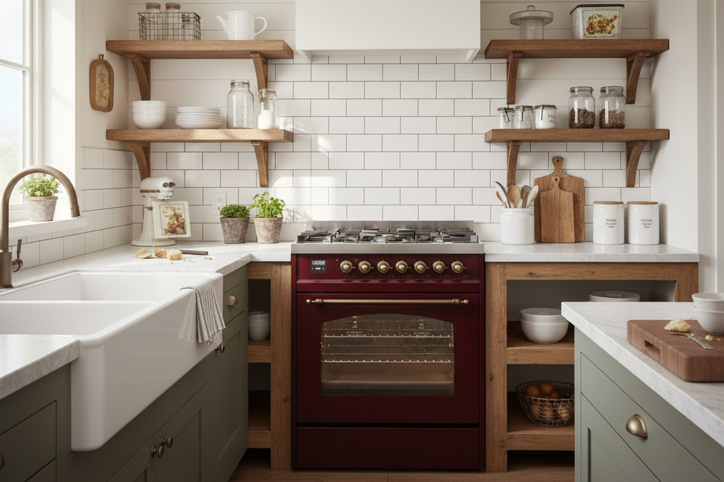 ILVE Nostalgie II 30" Dual Fuel Natural Gas Range, Burgundy, Bronze Trim UP30NMPBUB