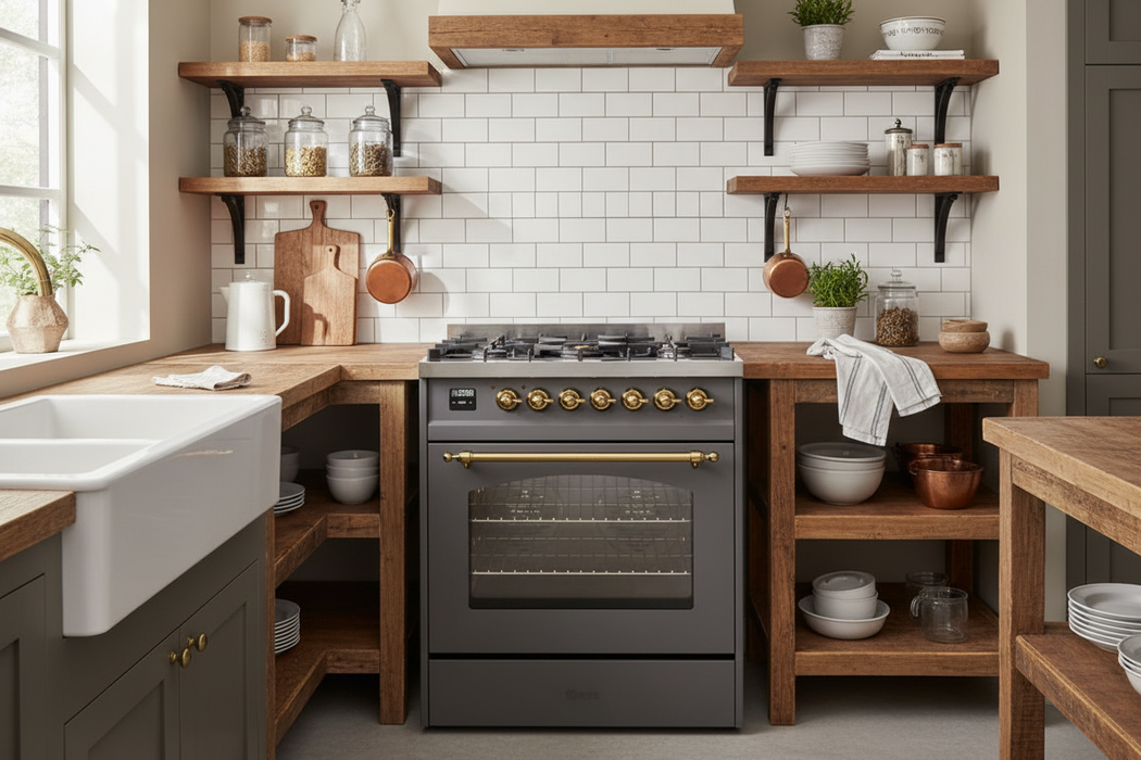 ILVE Nostalgie II 30" Dual Fuel Natural Gas Range, Matte Graphite, Brass Trim ILVE UP30NMPMGG