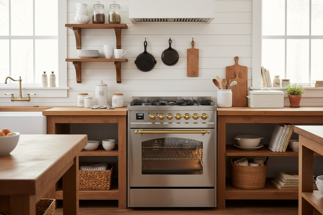 ILVE Nostalgie II 30" Dual Fuel Natural Gas Range, Stainless Steel, Brass Trim UP30NMPSSG