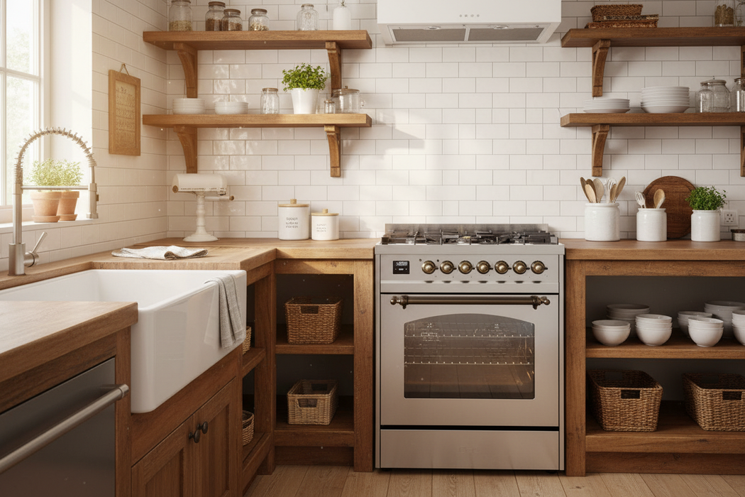 ILVE Nostalgie II 30" Dual Fuel Natural Gas Range, Stainless Steel, Bronze Trim UP30NMPSSB