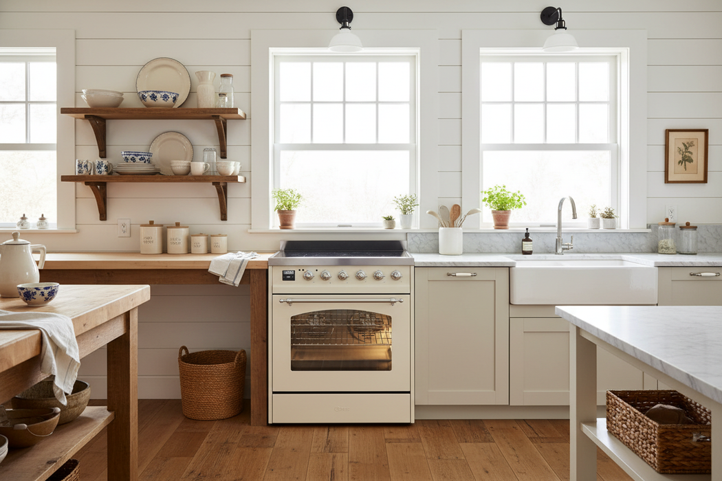 ILVE Nostalgie II 30" Electric Range, Antique White, Chrome Trim UPI304NMPAWC