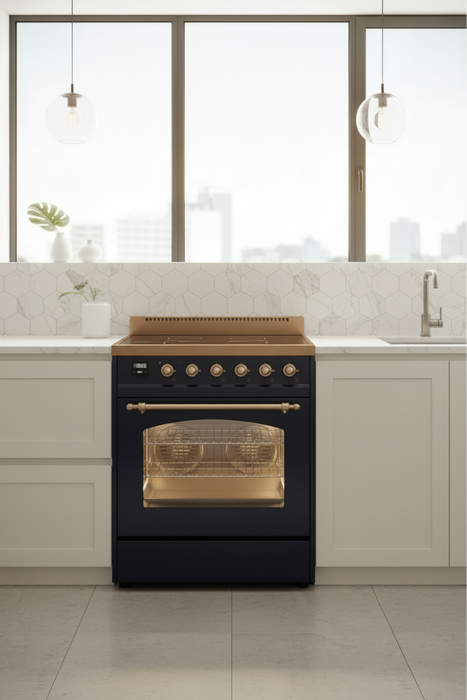 ILVE Nostalgie II 30" Electric Range, Blue, Bronze Trim UPI304NMPMBB